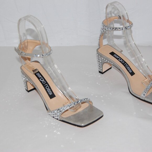 US 6.5 ❤️ SERGIO ROSSI Silver Crystal Rhinestone Embellished Ankle Strap Sandals - Picture 7 of 12